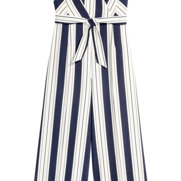 NWT H&M Strapless Striped Jumpsuit With Tie Belt & Pockets White/Navy Blue Sz 6 - Picture 3 of 12